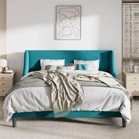 Turquoise Linen Blend Upholstered Platform Bed with Wingback Headboard (size: KING)