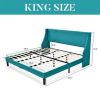 Turquoise Linen Blend Upholstered Platform Bed with Wingback Headboard