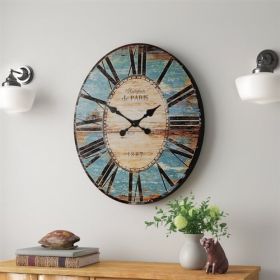 Oversized Distressed Paris Wood Wall Clock (Color: Turquoise)