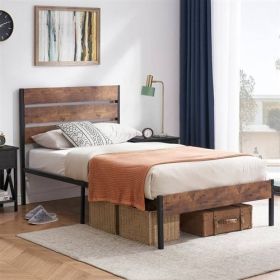 Industrial Platform Bed Frame with Brown Wood Slatted Headboard Footboard (size: TWIN)