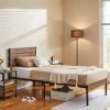Industrial Platform Bed Frame with Brown Wood Slatted Headboard Footboard