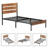 Industrial Platform Bed Frame with Brown Wood Slatted Headboard Footboard