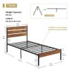 Industrial Platform Bed Frame with Brown Wood Slatted Headboard Footboard