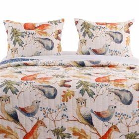 Blue Beige Birds Animals Floral Microfiber Reversible Quilt Set (size: TWIN)