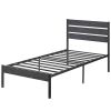 Industrial Platform Bed Frame with Wood Slatted Headboard in Black