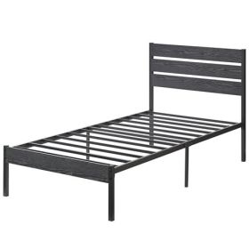 Industrial Platform Bed Frame with Wood Slatted Headboard in Black (size: TWIN)
