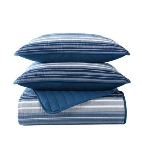 Size Coastal Blue Stripe Reversible Cotton Quilt Set (size: TWIN)