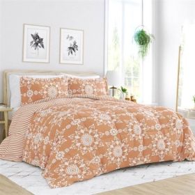 Clay and White Reversible Floral Striped Comforter Set (size: TWIN)