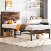 Modern Farmhouse Metal Platform Bed Frame with Brown Wood Headboard