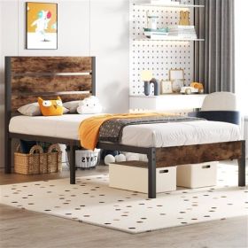 Modern Farmhouse Metal Platform Bed Frame with Brown Wood Headboard (size: TWIN)