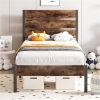 Modern Farmhouse Metal Platform Bed Frame with Brown Wood Headboard