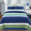 Navy Blue/Green/Teal/White Stripe 100-Percent Cotton Quilt Set