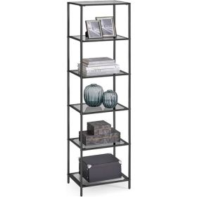 Narrow Glass Shelf Bookcase Bedroom Living Office Bath Storage Unit (Color: Black)