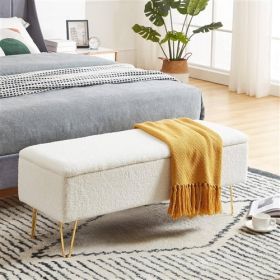 Sherpa Fabric Upholstered End of Bed Storage Bench with Gold Finish Legs (Color: White)
