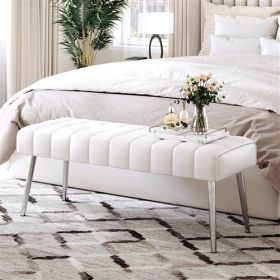 Mid-Century Modern Bedroom Bench with PU Leather Seat and Tapered Legs (Color: White)