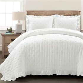 Lightweight White Ruffle Reversible Oversized 3 Piece Quilt Set (size: KING)
