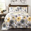 White Yellow Grey Flowers Lightweight Polyester Microfiber Quilt Set