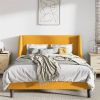 Yellow Linen Blend Upholstered Platform Bed with Wingback Headboard