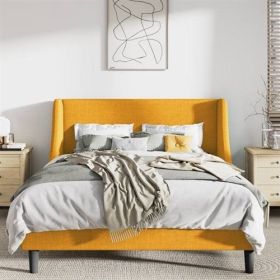 Yellow Linen Blend Upholstered Platform Bed with Wingback Headboard (size: QUEEN)