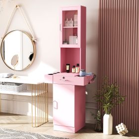 Stand Barber Station, Hair Styling Equipment with Glass Door, 3-Tier Shelf, Drawer, Cabinet, Dryer Tool Holders, Salon Spa Beauty Table Furniture (Color: As Picture)