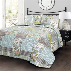 Boho Floral Blue Cotton Lightweight Quilt Set (size: KING)