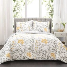 Yellow Grey Floral Light Thin Cotton Polyester Blend Quilt Set (size: FULL/QUEEN)