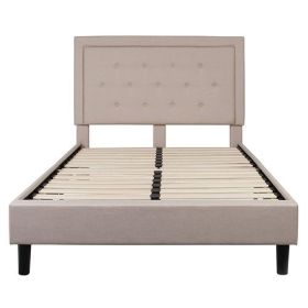 Beige Fabric Upholstered Platform Bed Frame with Tufted Headboard (size: Full)