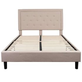 Beige Fabric Upholstered Platform Bed Frame with Tufted Headboard (size: QUEEN)